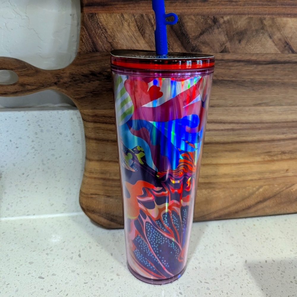 NWT Starbucks iridescent butterfly cup with silicone straw topper